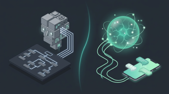 Comparação visual entre chatbot tradicional de fluxograma rígido e agente de IA moderno com rede neural conectado ao WhatsApp