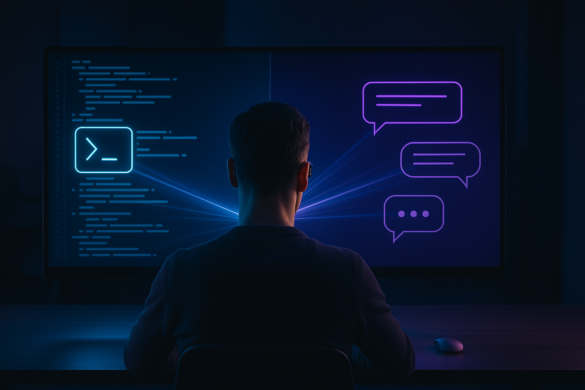 Desenvolvedor diante de monitor dividido, comparando claude code, chatgpt e interfaces de programação.