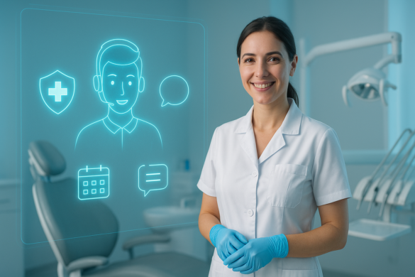 Profissional ao lado de holograma de IA em clínica moderna, ilustrando agentes de ia clinicas odontologicas.