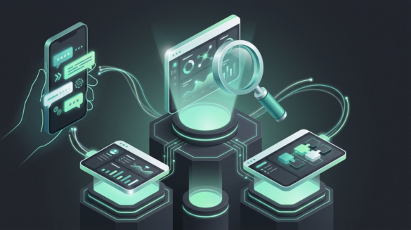 Ilustração de três plataformas de agente de IA comparadas lado a lado com lupa e celular com conversa de WhatsApp